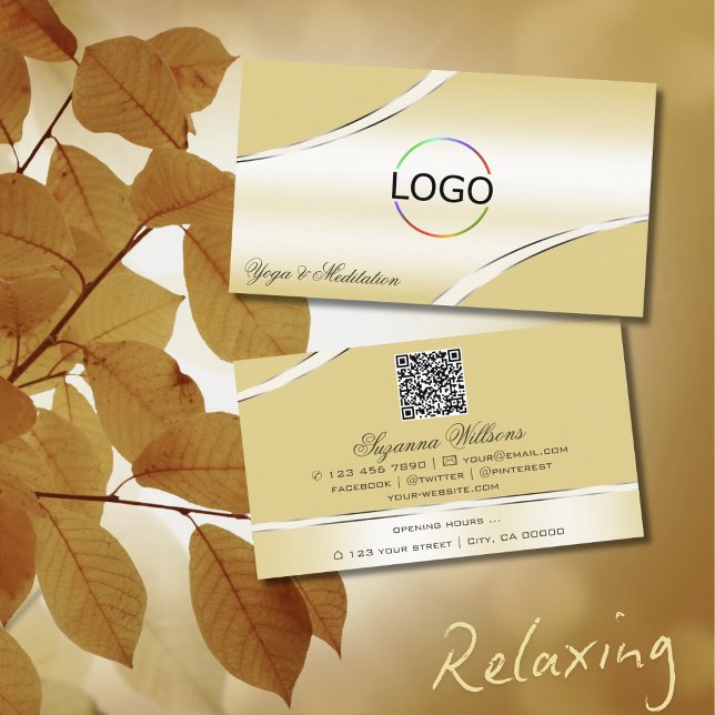 Luxury Beige Cream Curved Decor Lines Logo QR Code Business Card (Creator Uploaded)