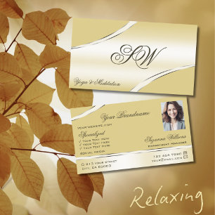 Luxury Beige Cream Curved Lines Monogram and Photo Business Card
