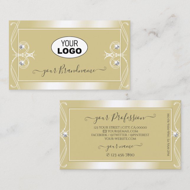 Luxury Beige Cream Sparkle Jewels with Logo Ornate Business Card (Front/Back)