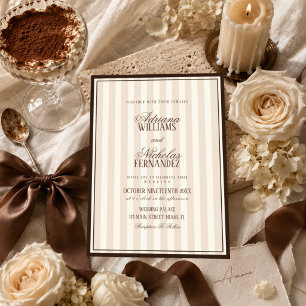 Luxury Beige Espresso Stripes Wedding Invitation