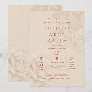 Luxury Beige Floral Islamic Aqeeqah For Baby Boy Invitation