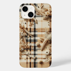 Luxury Beige Plaid Phone Case Carved Autumn Floral