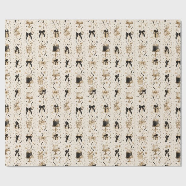 Luxury Birthday Gift Wrap | Black & Gold Bows (Flat)