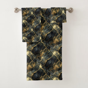 Luxury Black and Gold Alcohol Ink Marble Towel Set