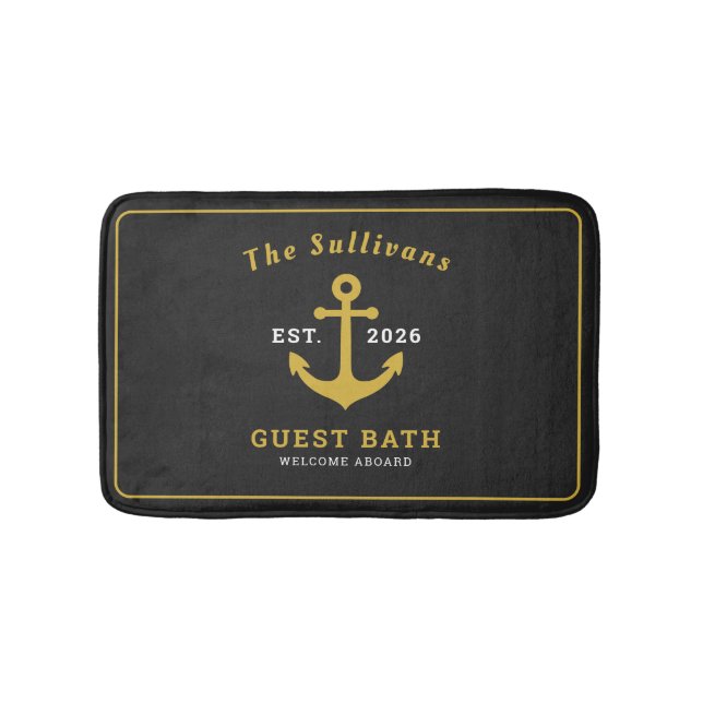 Luxury Black and Gold Anchor Custom Monogram Bath Mat (Front)