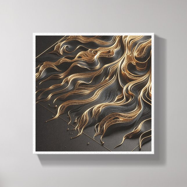 Luxury Black and Gold Filigree Waves - Elegant 3D  Canvas Print (Front)