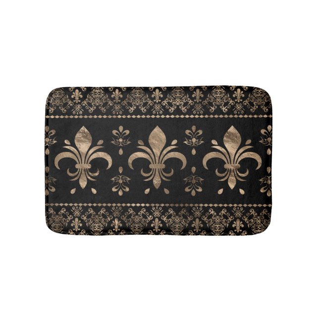 Luxury black and gold Fleur-de-lis ornament Bath Mat (Front)