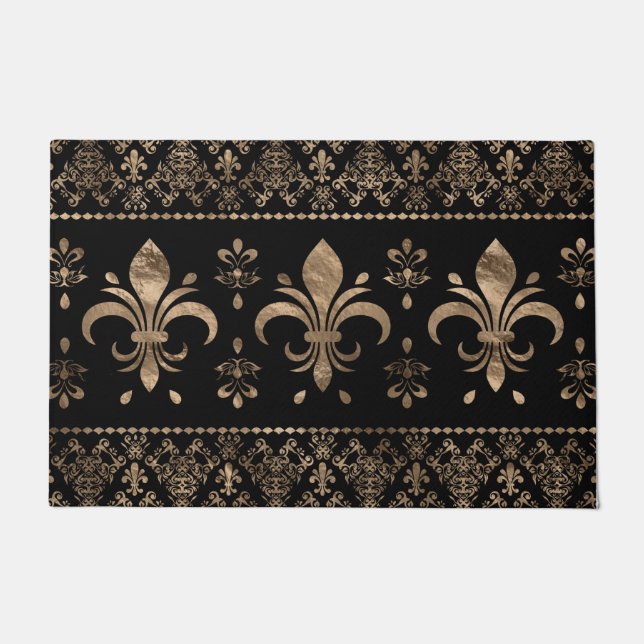Luxury black and gold Fleur-de-lis ornament Doormat (Front)