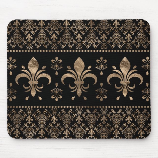 Luxury black and gold Fleur-de-lis ornament Mouse Pad (Front)
