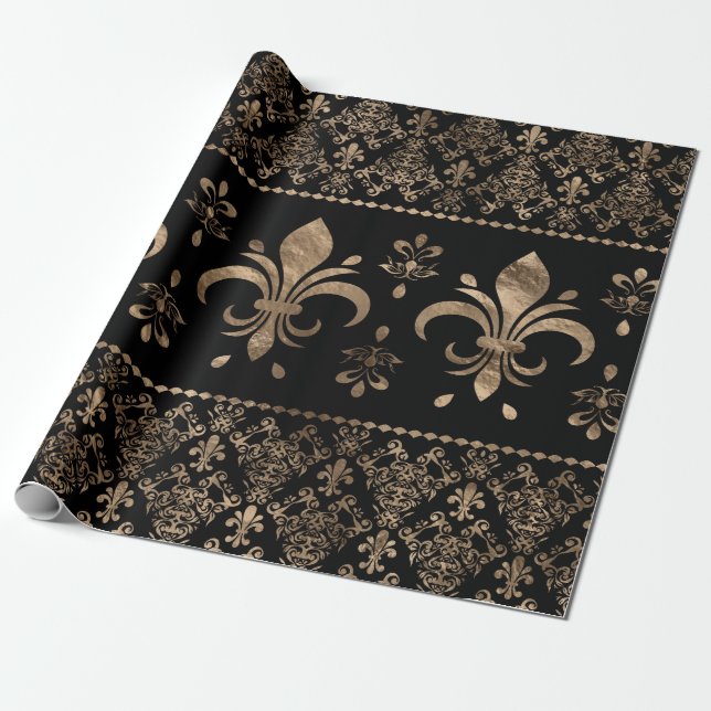 Luxury black and gold Fleur-de-lis ornament Wrapping Paper (Unrolled)