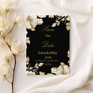 Luxury black and gold floral Save the Date Invitation