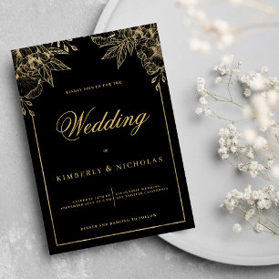 Luxury black and gold floral wedding invitation