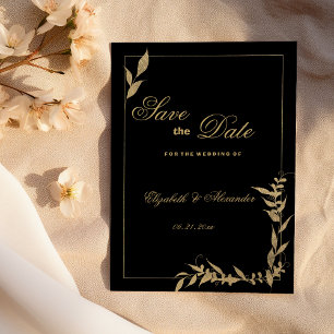 Luxury black and gold foliage Save the Date Invitation