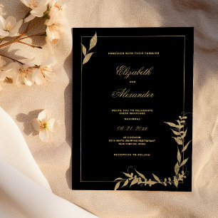 Luxury black and gold foliage Wedding Invitation