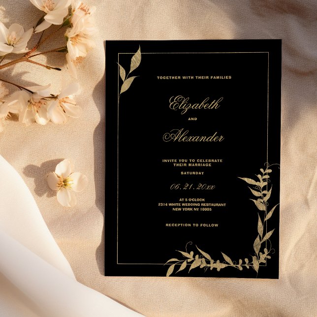 Luxury black and gold foliage Wedding  Invitation (Luxury black and gold foliage Wedding)