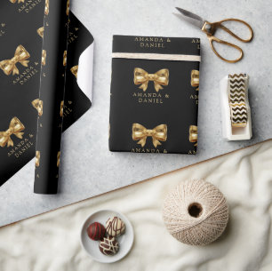 Luxury Black and Gold  Golden Bow Wedding  Wrapping Paper