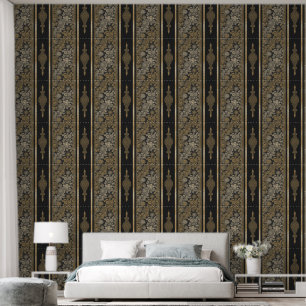 Luxury Black and Gold Gothic Damask Stripe Wallpaper
