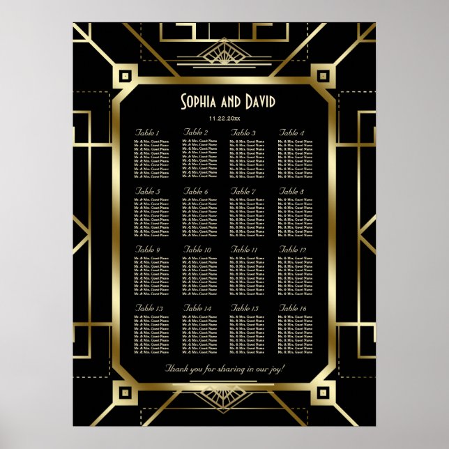 Luxury Black and Gold Great Gatsby Seating Chart (Front)