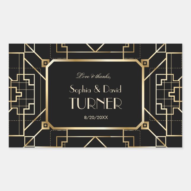 Luxury Black and Gold Great Gatsby Wedding Rectangular Sticker (Front)