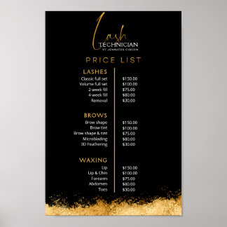Luxury Black and Gold Lash Tech Price List  Poster