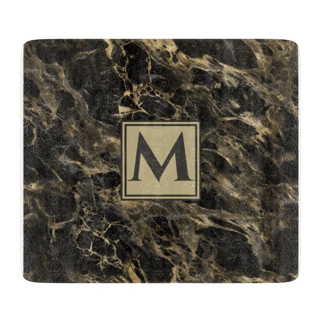 Luxury  Black and Gold  Marble | Monogram Cutting Board (Front)