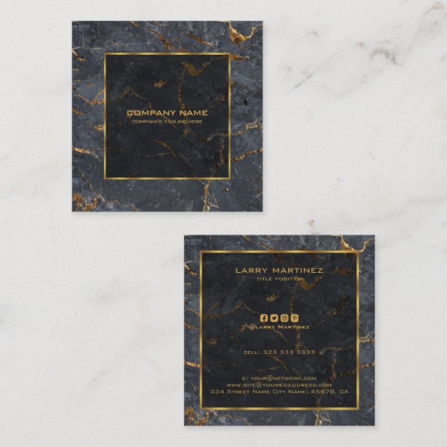 Luxury black and gold marble simple gold frame square business card (Front/Back)