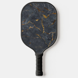 Luxury black and gold marble texture Monogram Pickleball Paddle