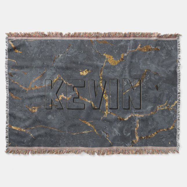 Luxury black and gold marble texture Monogram Throw Blanket (Front)