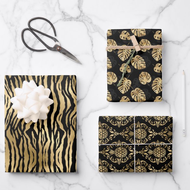 Luxury Black and Gold Pattern Exclusive Gift Wrapping Paper Sheet (Front)