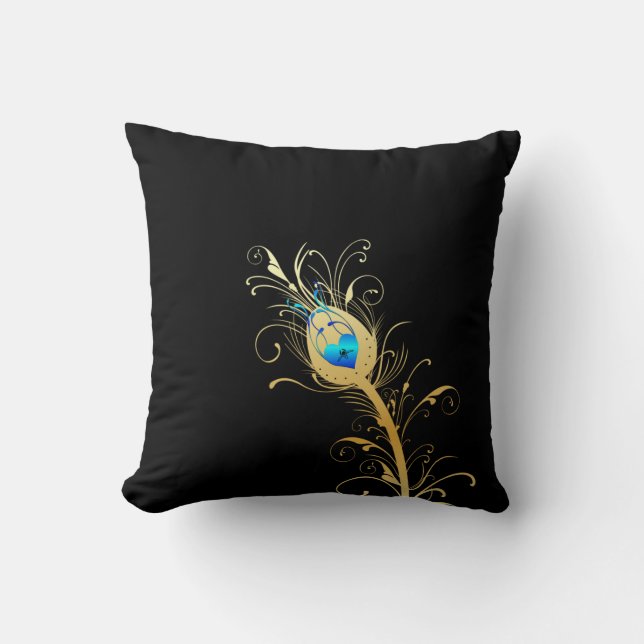 Luxury Black and Gold Peacock Feather Cushion (Front)