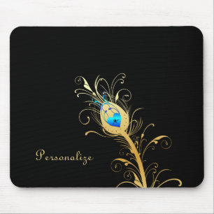 Luxury Black and Gold Peacock Feather Mouse Pad