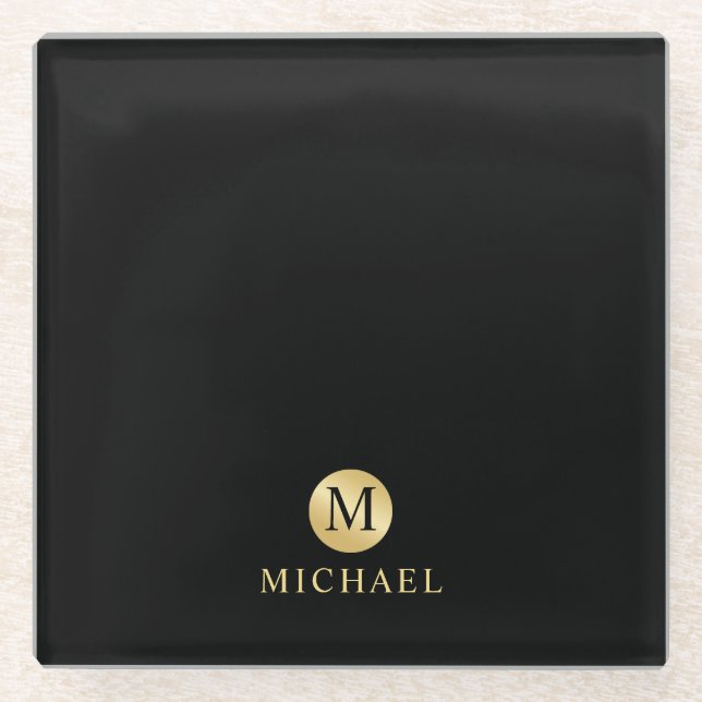 Luxury Black and Gold Personalised Monogram Glass Coaster (Front)