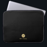 Luxury Black and Gold Personalised Monogram Laptop Sleeve<br><div class="desc">Luxury Black and Gold Personalised Monogram and Name Design
featuring black monogram in gold circle element with name in gold professional font style on black background.

Please Note : The foil details are simulated in the artwork. No actual foil will be used in the making of this product.</div>