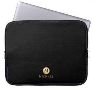Luxury Black and Gold Personalised Monogram Laptop Sleeve