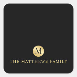 Luxury Black and Gold Personalised Monogram Square Sticker