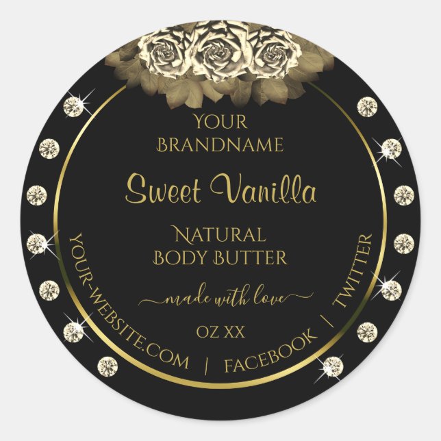 Luxury Black and Gold Product Label Roses Diamonds (Front)