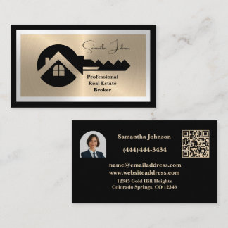 Luxury Black and Gold QR Code Photo Real Estate  Business Card