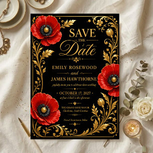 Luxury Black and Gold Red Poppy Acrylic Invitations