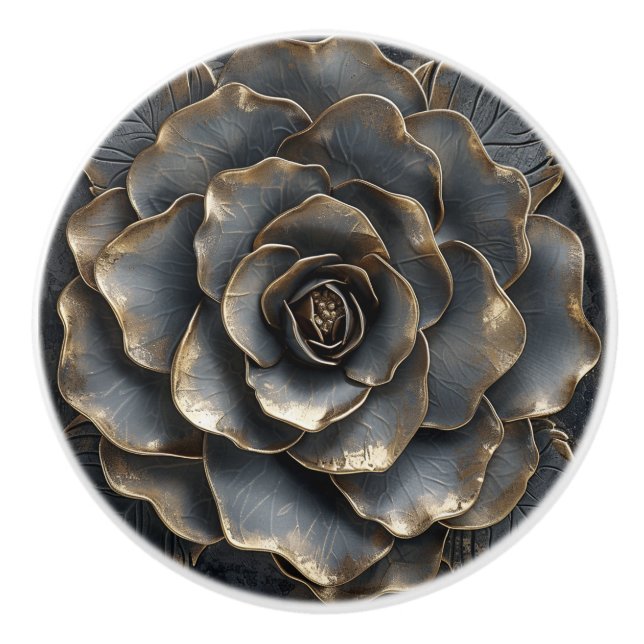 Luxury Black and Gold Rose Ceramic Knob (Front)