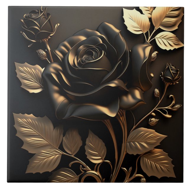 Luxury Black and Gold Rose Ceramic Tile (Front)