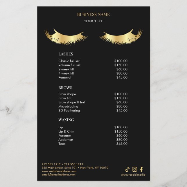 Luxury Black and Gold Salon Price List Menu (Front)