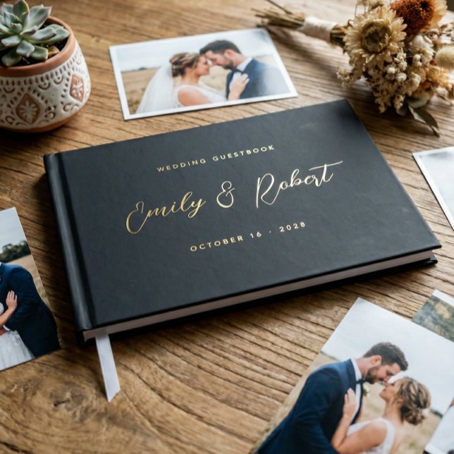 Luxury Black and Gold Script Photo Wedding Guest Book (Creator Uploaded)