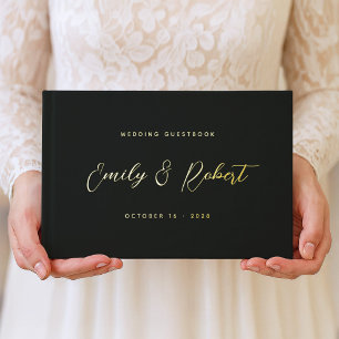 Luxury Black and Gold Script Photo Wedding Guest Book