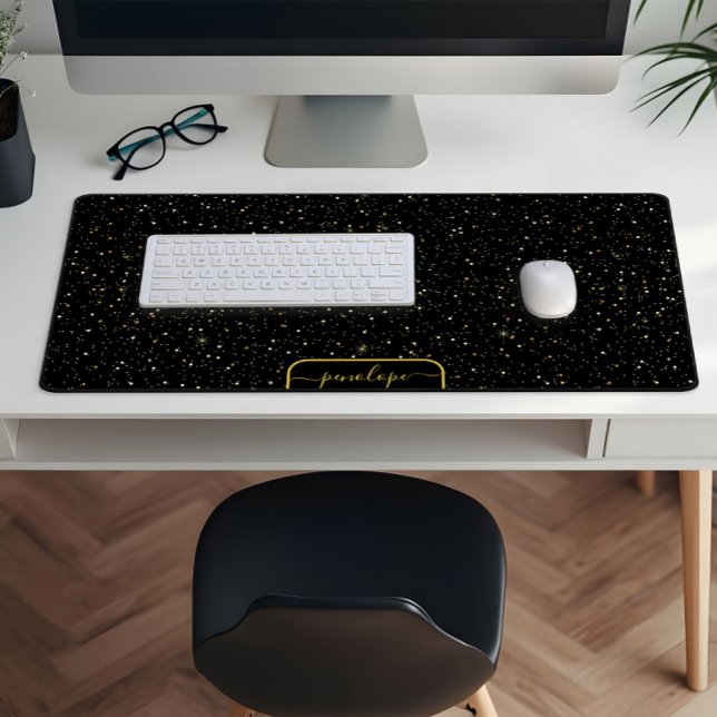 Luxury Black and gold sparkles pattern monogram Desk Mat (Creator Uploaded)