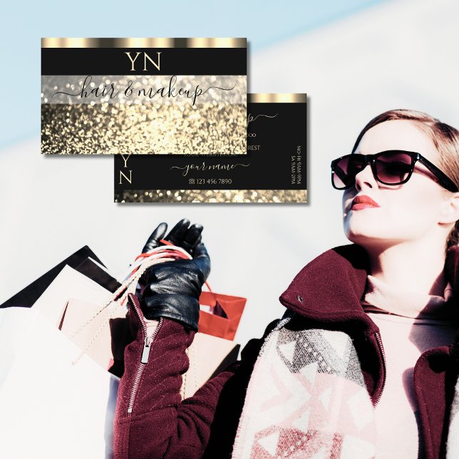 Luxury Black and Gold Sparkling Glitter Monogram Business Card (Creator Uploaded)