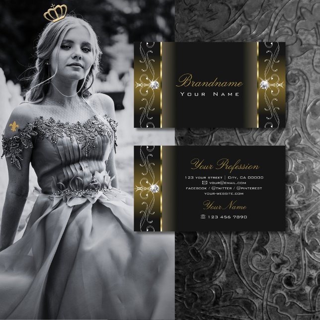 Luxury Black and Gold Squiggled Jewels Ornamental Business Card (Creator Uploaded)
