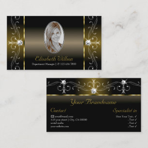 Luxury Black and Gold Squiggled Jewels with Photo Business Card