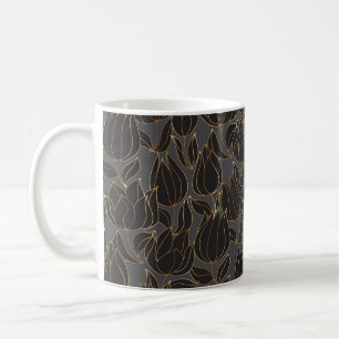 Luxury black and gold tulip floral seamless patter coffee mug