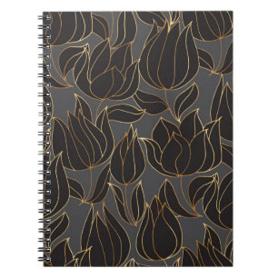 Luxury black and gold tulip floral seamless patter notebook