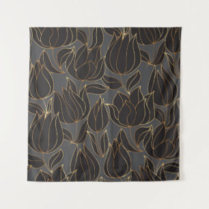 Luxury black and gold tulip floral seamless patter tapestry